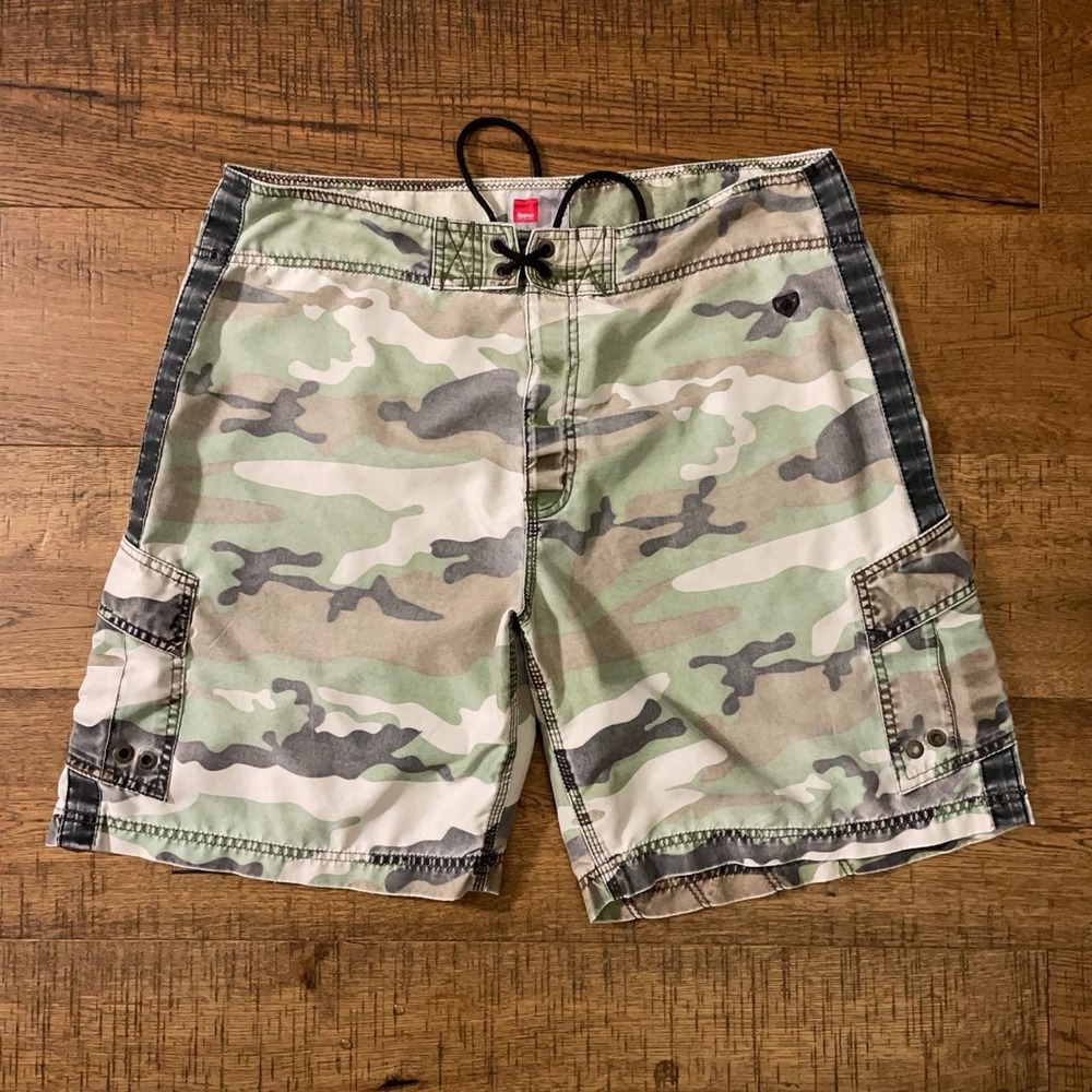 Mossimo Board Shorts Mens 38 Green Vintage Camo Cargo Surf Beach